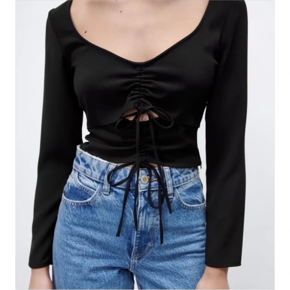 Zara Ruched Cut Out Long Sleeve Top in Black